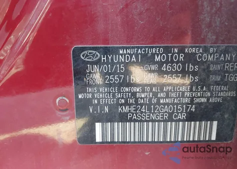 2016 Hyundai Sonata Hybrid Se z USA, uszkodzony, nr VIN KMHE24L12GA015174